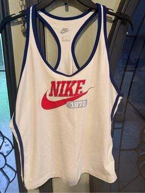 Nike White 1972 Logo Racerback Tank with Blue Trim